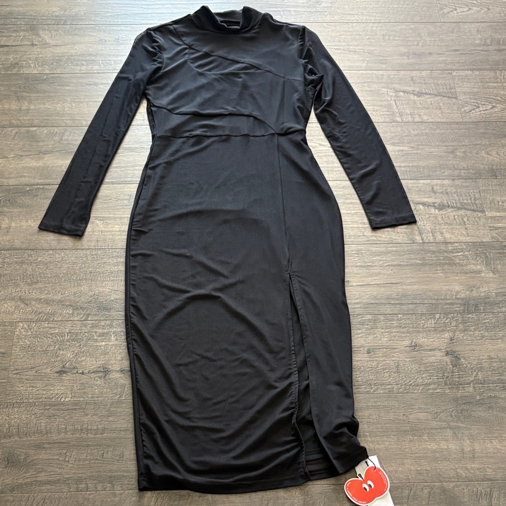 Women’s Black Mesh Long Sleeve Midi Dress with Side Slit